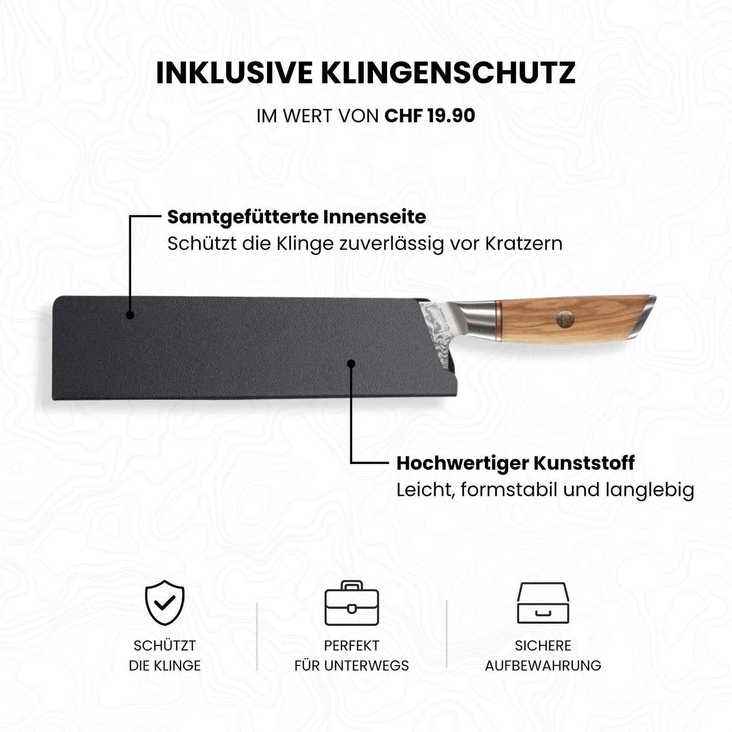 Kyotsu Damastmesser wird im Klingenschutz präsentiert, der kostenlos mitgeliefert wird (Wert: CHF 19.90).