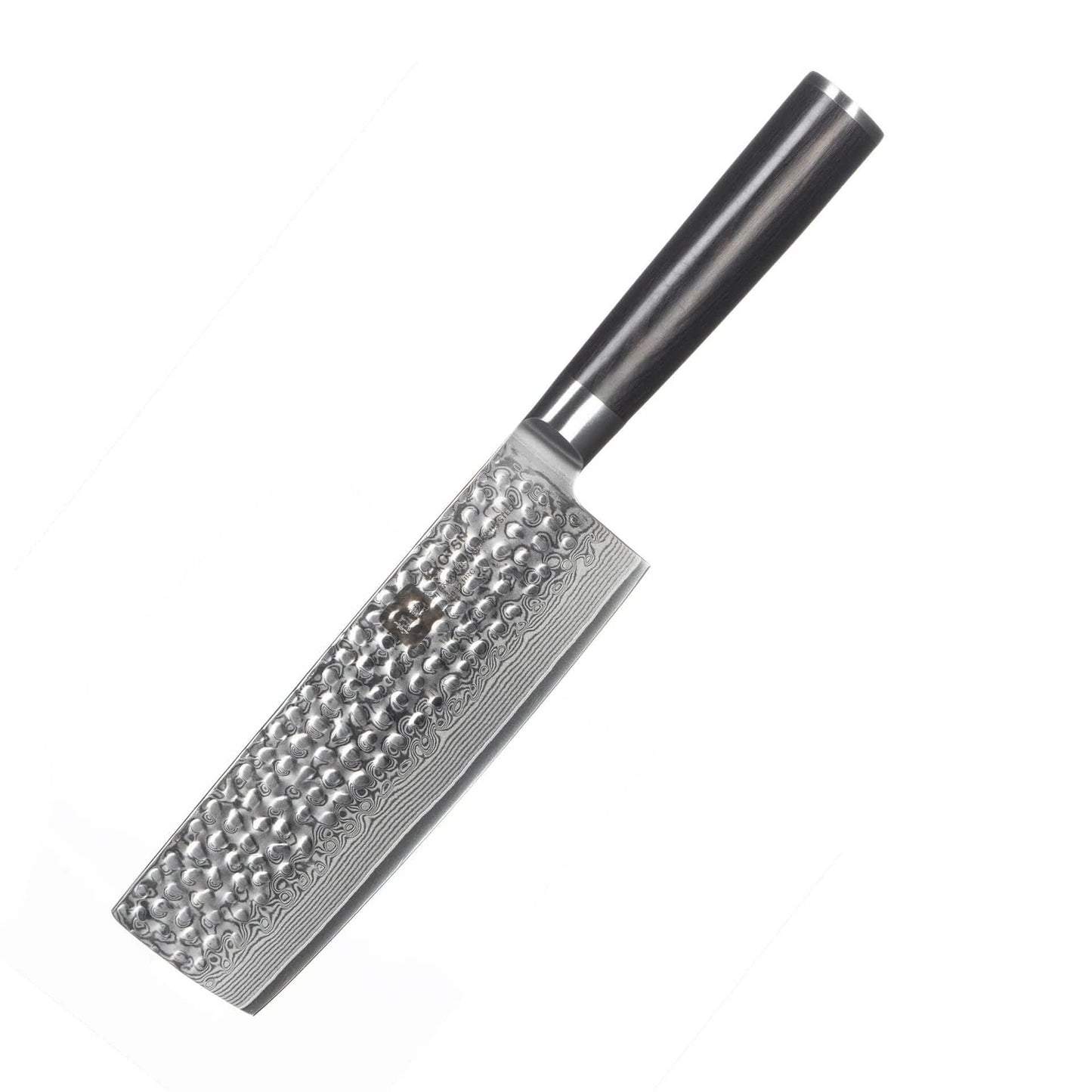 Kyotsu Nakiri-Messer aus Damaststahl als edle Produktaufnahme auf weissem Hintergrund – klare Detailansicht.