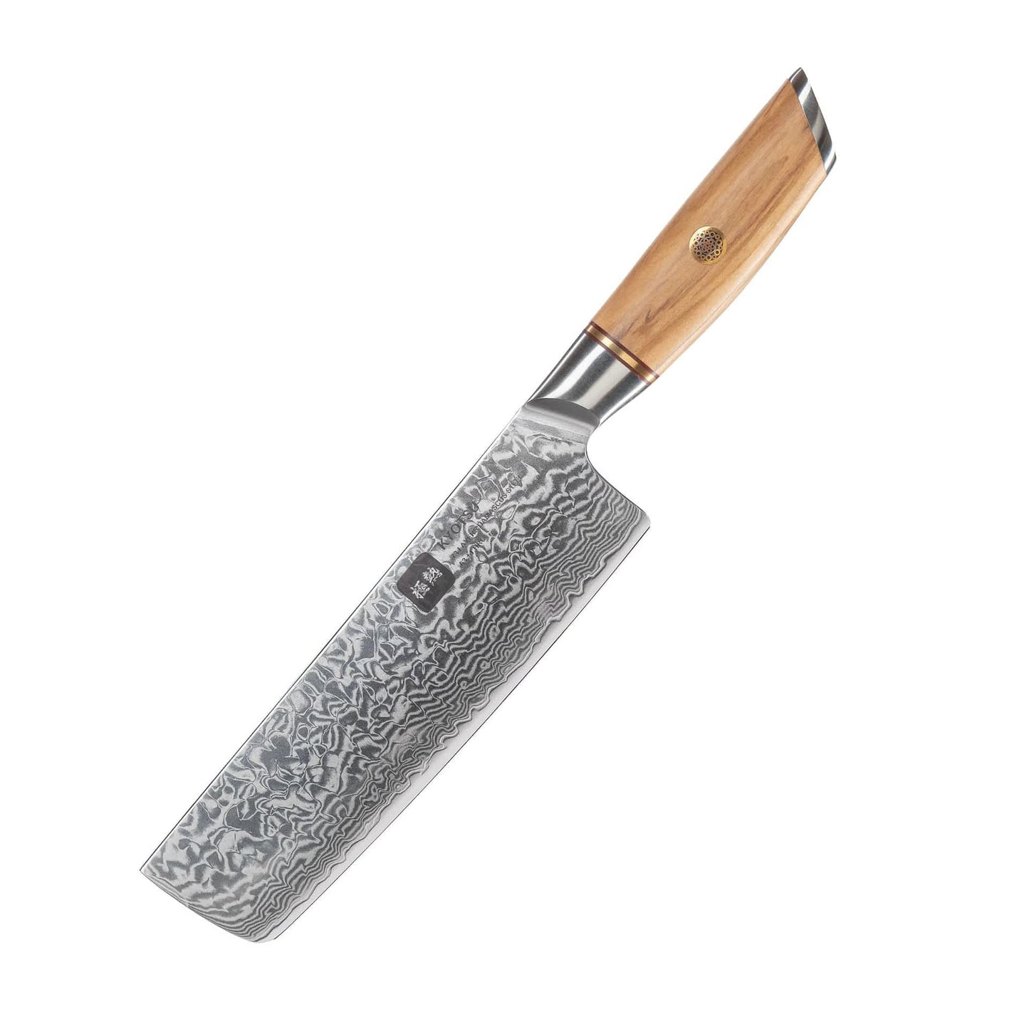 Kyotsu Nakiri-Messer aus Damaststahl als edle Produktaufnahme auf weissem Hintergrund – klare Detailansicht.
