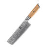 Produktaufnahme des Kyotsu Nakiri-Messer aus 73 Lagen Damaststahl und Olivenholz-Griff