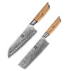 Produktaufnahme des Kyotsu Santoku-Messer und Nakiri-Messer aus 73 Lagen Damaststahl und Olivenholz-Griff