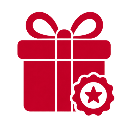 Rotes Icon für hochwertige Geschenke: Zeigt ein Geschenk mit einem Trust-Badge