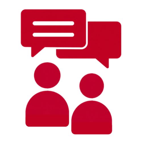 Rotes Icon für persönliche Beratung: Zeigt zwei Personen, die miteinander sprechen