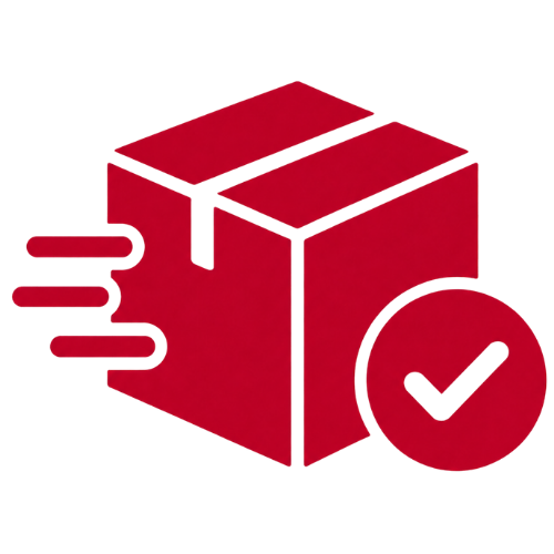 Rotes Icon für zuverlässige Lieferung: Zeigt ein Paket mir einem Haken daneben