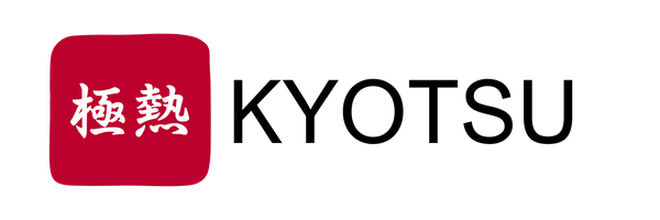 Logo in Rot, Schwarz und Weiss der Messermarke Kyotsu. Kanji auf rotem Hintergrund und daneben in Buchstaben KYOTSU.