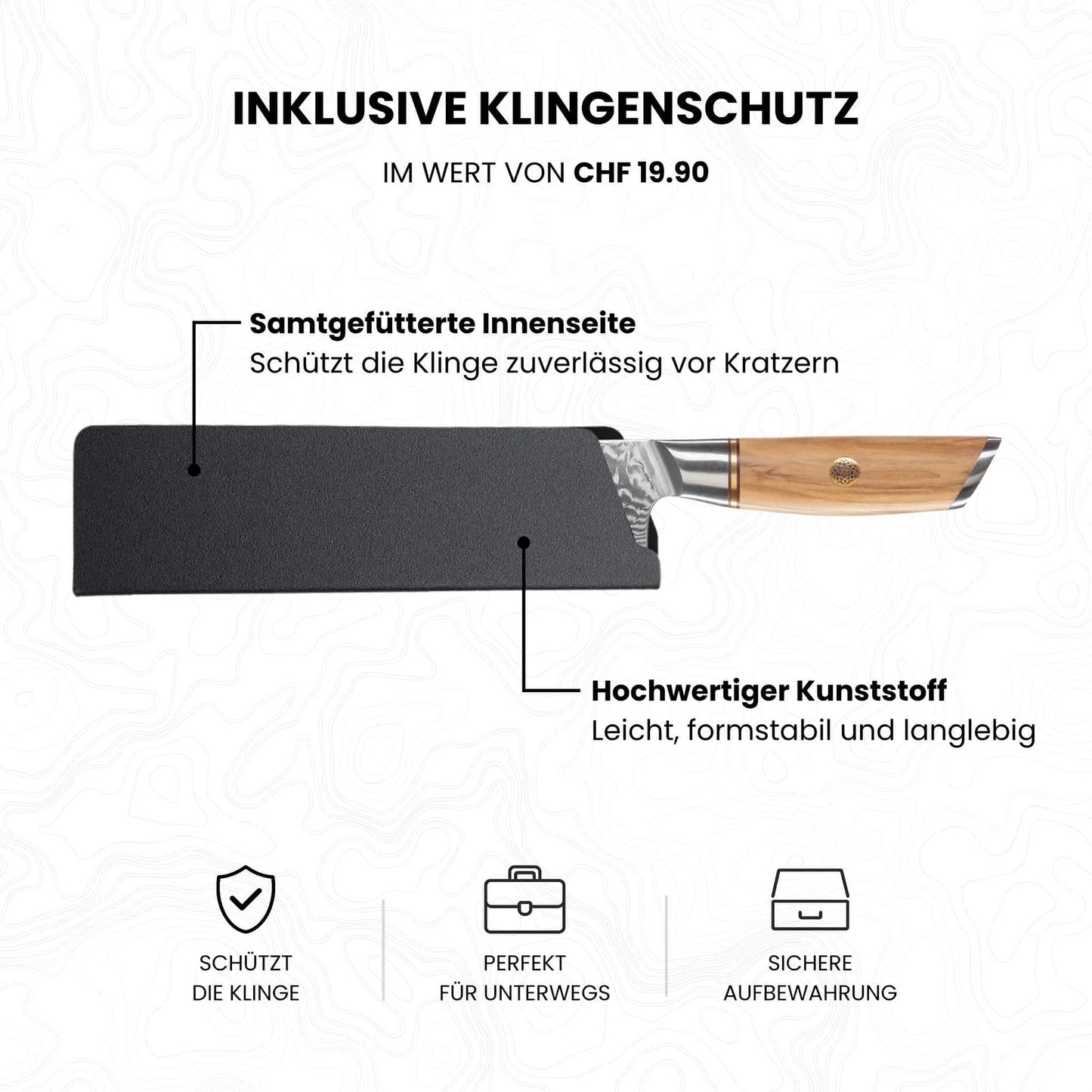 Kyotsu Klingenschutz für Nakiri-Messer: hochwertiger Kunststoff mit samtgefütterter Innenseite schützt die Klinge zuverlässig vor Kratzern. Leicht, formstabil und langlebig, ideal für sichere Aufbewahrung und unterwegs.