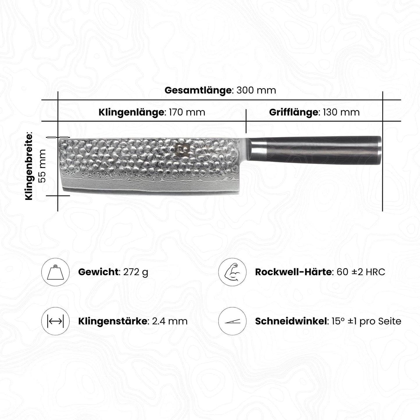 Abbildung des Kyotsu Nakiri-Messer inkl. Masse und Gewicht, Rockwell-Härte und Schneidwinkel.