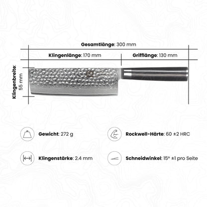 Abbildung des Kyotsu Nakiri-Messer inkl. Masse und Gewicht, Rockwell-Härte und Schneidwinkel.