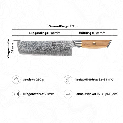 Abbildung des Kyotsu Nakiri-Messer inkl. Masse und Gewicht, Rockwell-Härte und Schneidwinkel.