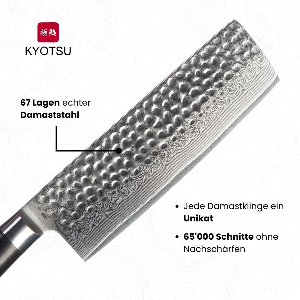 Klinge vom Kyotsu Nakiri-Messer mit diversen Angaben; 67 Lagen echter japanischer Damaststahl, Jede Damastklinge ein Unikat, 65'000 Schnitte ohne Nachschärfen