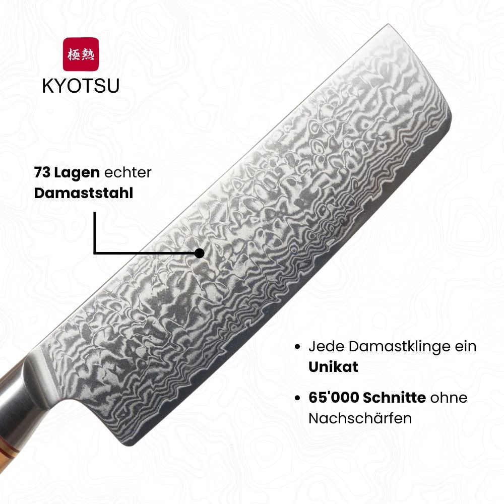 Klinge vom Kyotsu Nakiri-Messer mit diversen Angaben; 73 Lagen echter japanischer Damaststahl, Jede Damastklinge ein Unikat, 65'000 Schnitte ohne Nachschärfen