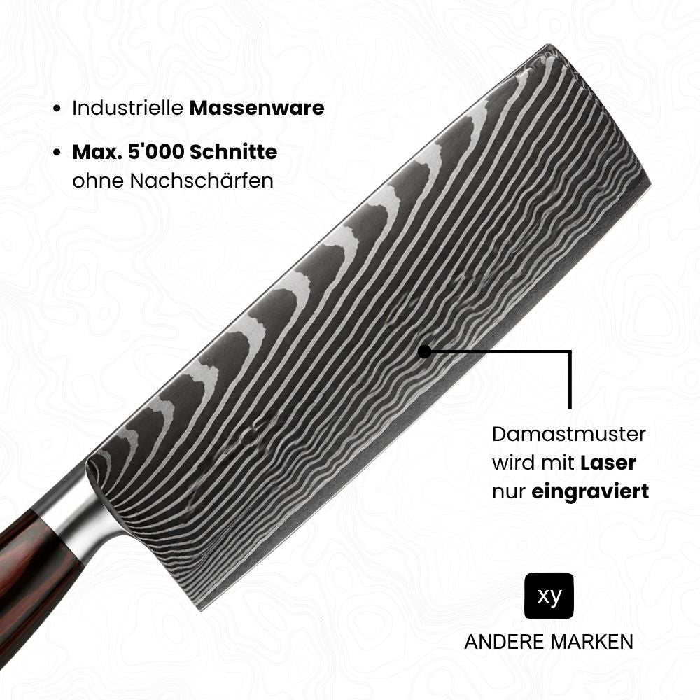 Klinge von einem billigen Damast-Fake (Nakiri-Messer) mit diversen Angaben; Damastmuster wird mit Laser nur eingraviert, Industrielle Massenware, Max. 5'000 Schnitte ohne Nachschärfen