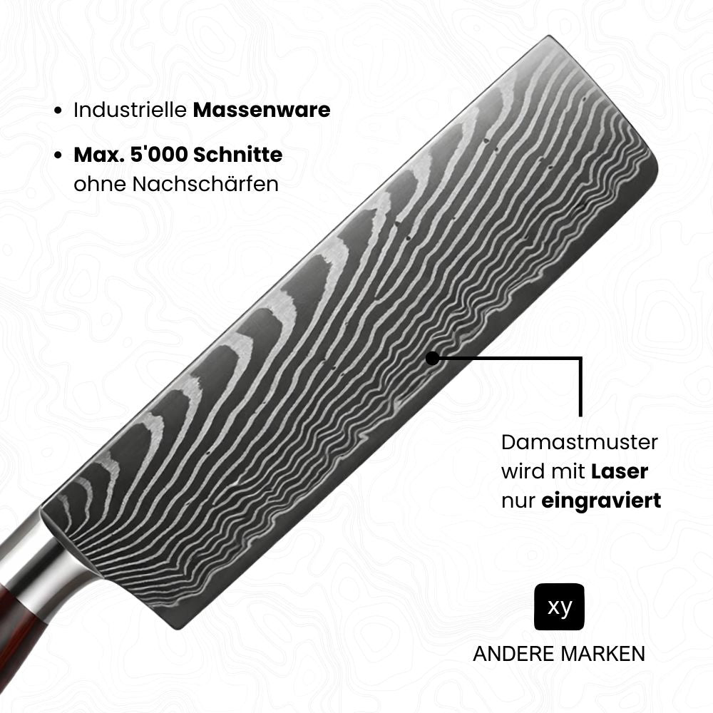 Klinge von einem billigen Damast-Fake (Nakiri-Messer) mit diversen Angaben; Damastmuster wird mit Laser nur eingraviert, Industrielle Massenware, Max. 5'000 Schnitte ohne Nachschärfen