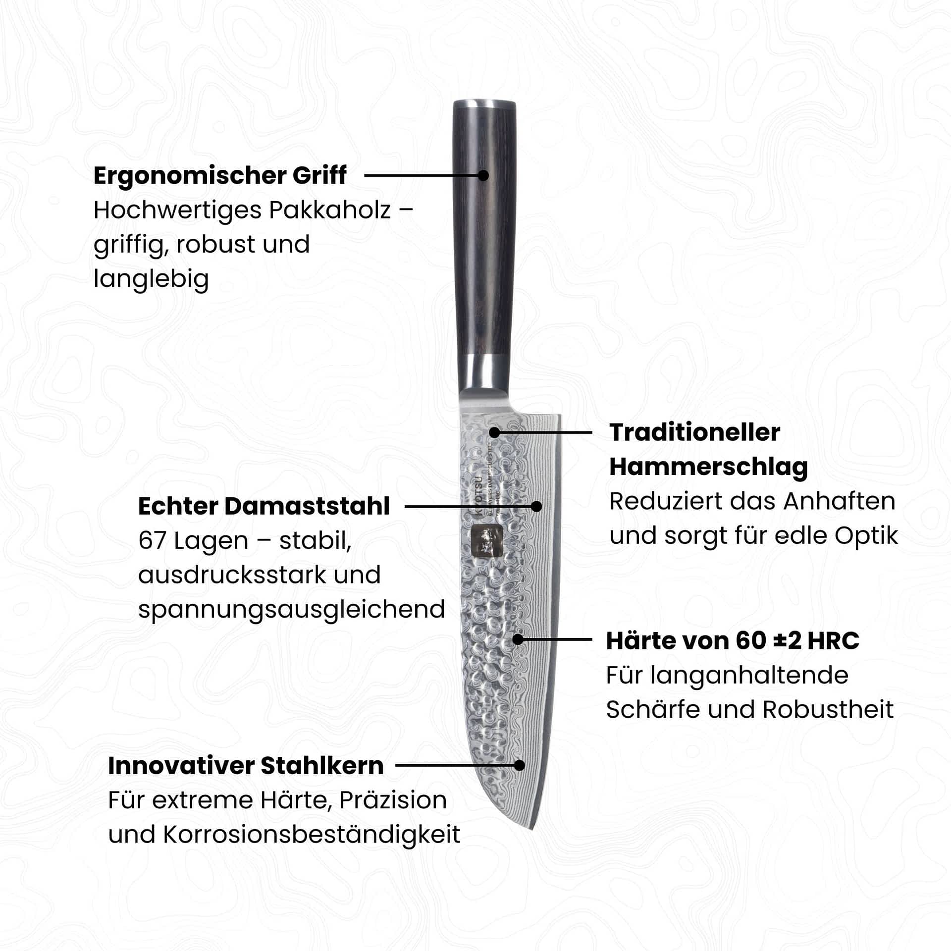 Abbildung Kyotsu Damastmesser mit Beschreibung von diversen Vorteilen (z.B. Damaststahl, Griff, Pulverstahlkern etc.)