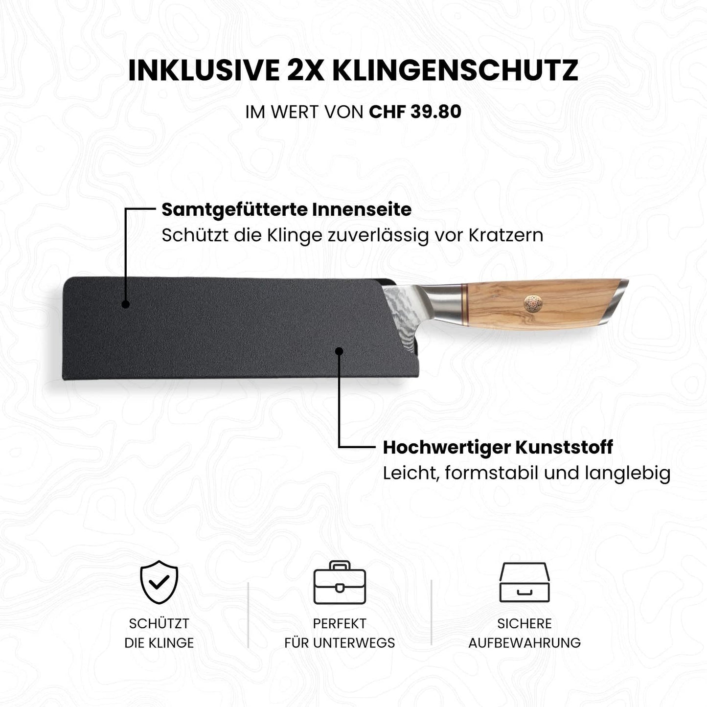 Kyotsu Klingenschutz für Santoku-Messer: hochwertiger Kunststoff mit samtgefütterter Innenseite schützt die Klinge zuverlässig vor Kratzern. Leicht, formstabil und langlebig, ideal für sichere Aufbewahrung und unterwegs.