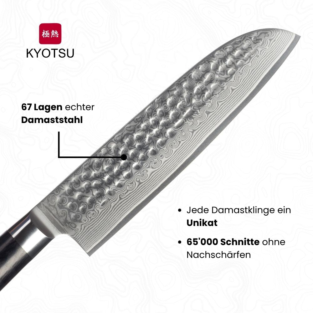 Klinge vom Kyotsu Santoku-Messer mit diversen Angaben; 67 Lagen echter japanischer Damaststahl, Jede Damastklinge ein Unikat, 65'000 Schnitte ohne Nachschärfen