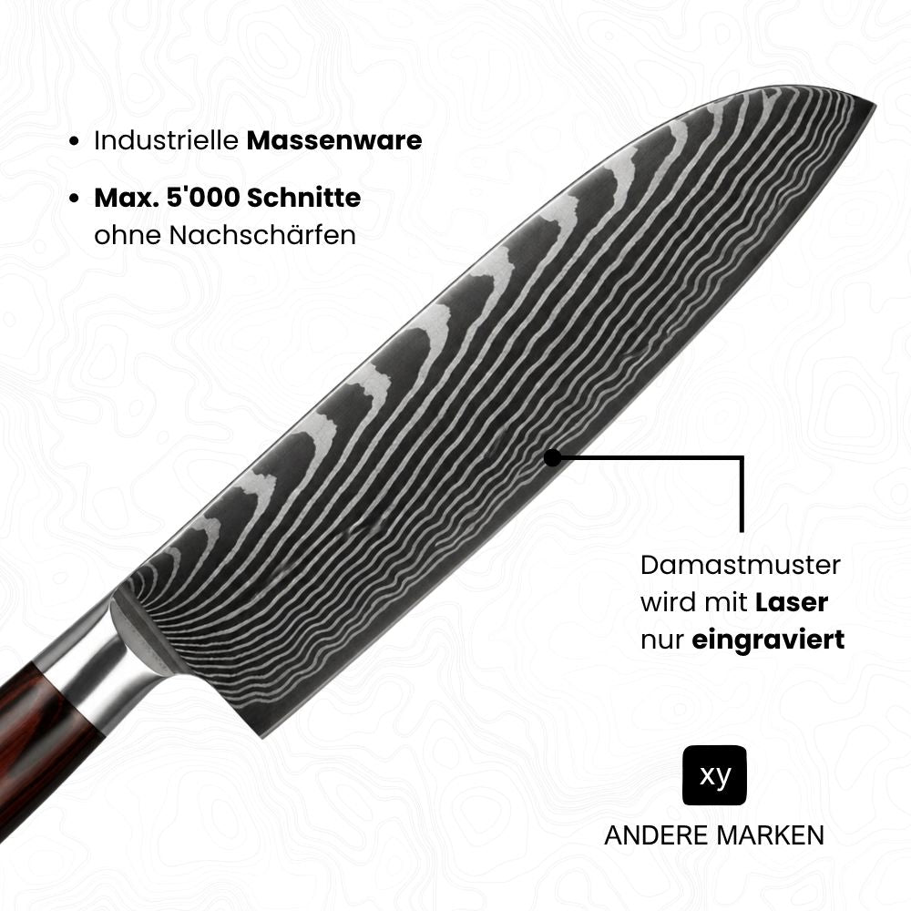 Klinge von einem billigen Damast-Fake (Santoku-Messer) mit diversen Angaben; Damastmuster wird mit Laser nur eingraviert, Industrielle Massenware, Max. 5'000 Schnitte ohne Nachschärfen