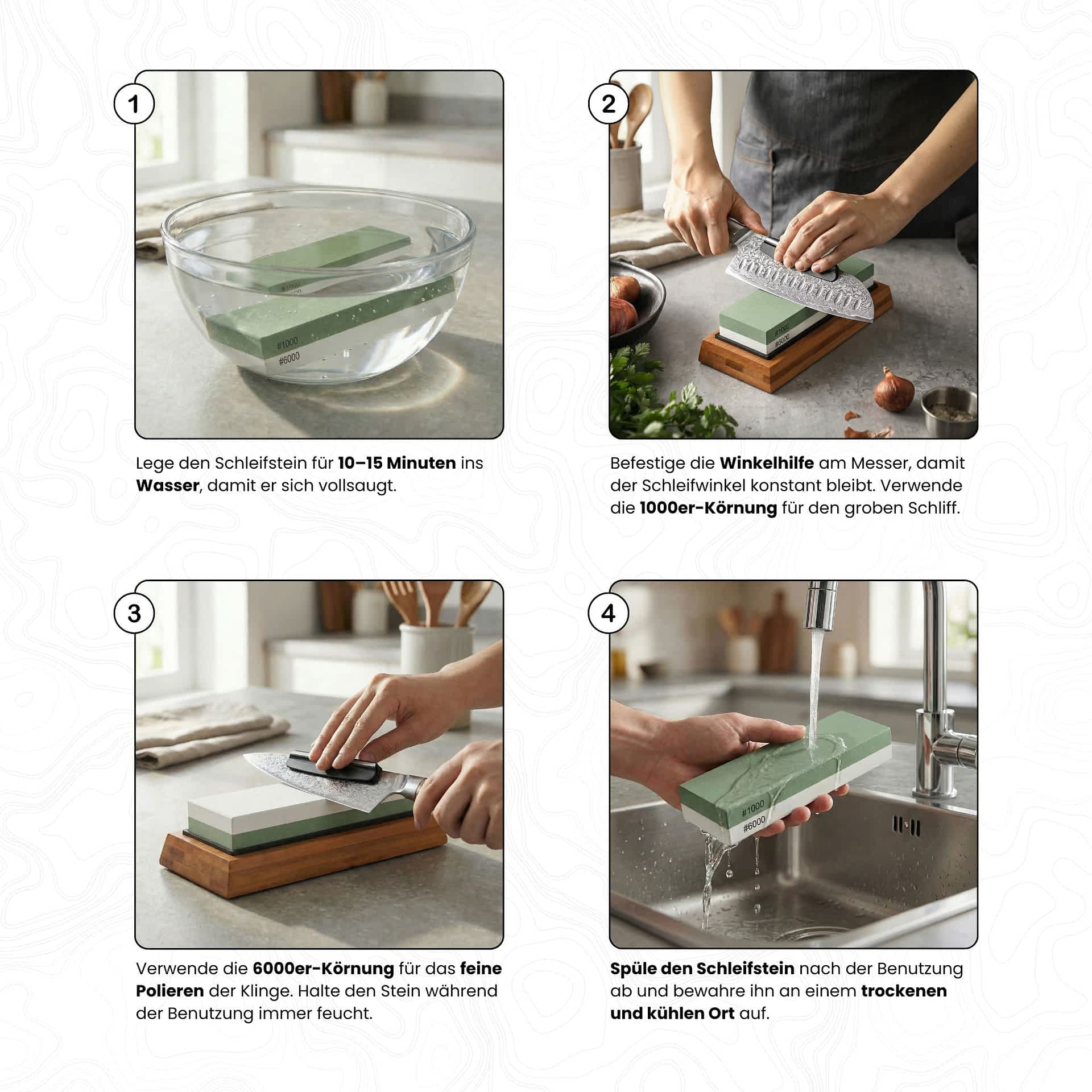 4-Schritt-Anleitung wie man das Kyotsu Schleifstein-Set richtig verwendet, um das Messer zu schärfen.
