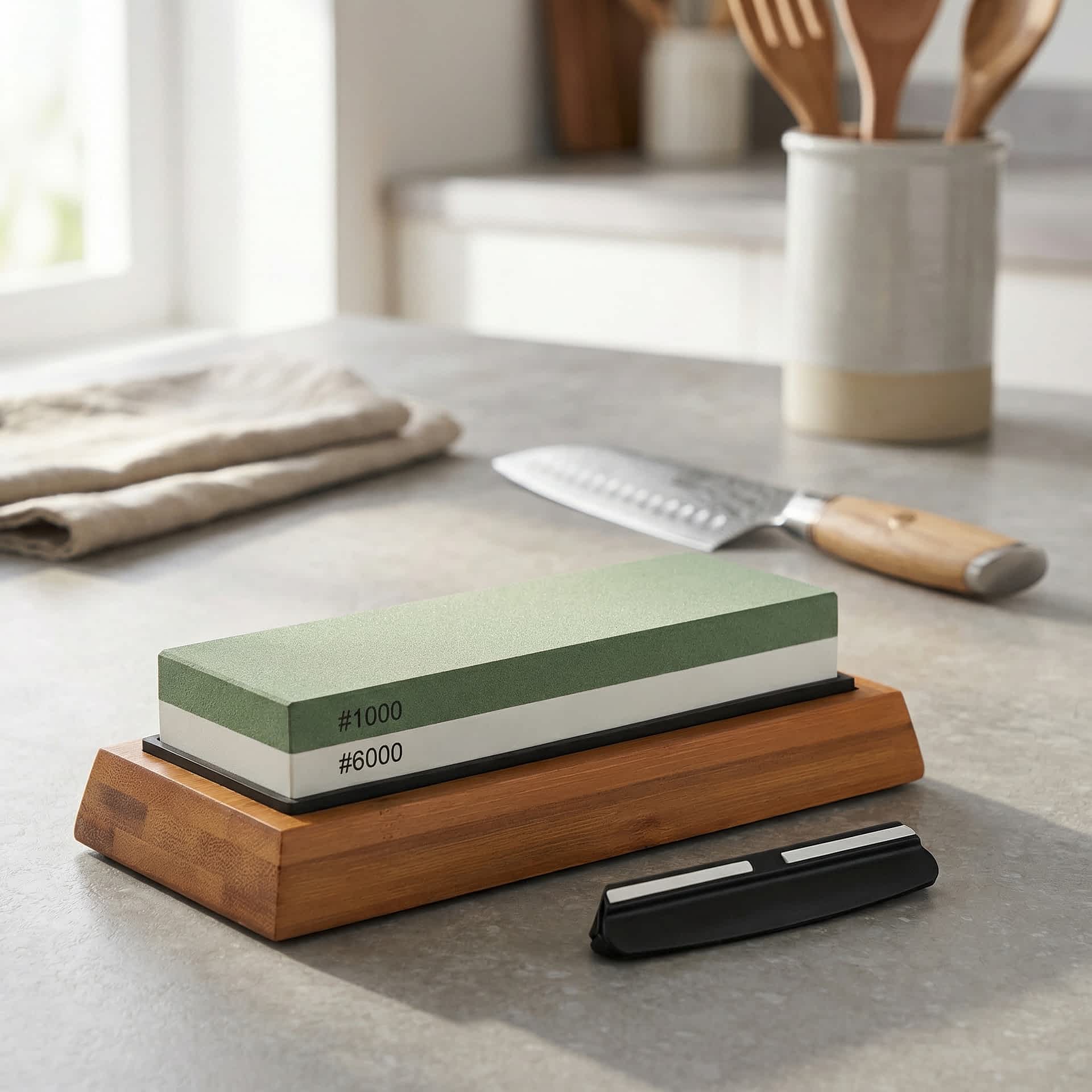 Das Kyotsu Schleifstein-Set inkl. Bambushalterung und Winkelführung wird in einer freundliche, modernen Küche präsentiert.