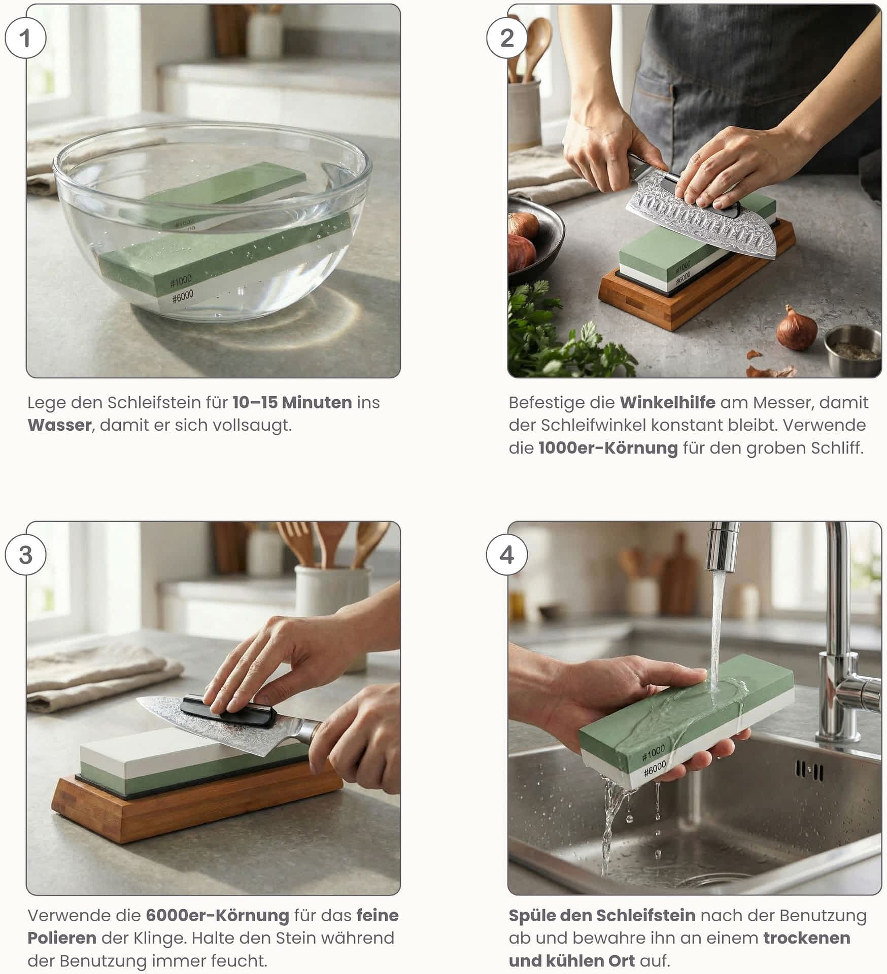 4-Schritt-Anleitung wie man das Kyotsu Schleifstein-Set richtig verwendet, um das Messer zu schärfen.