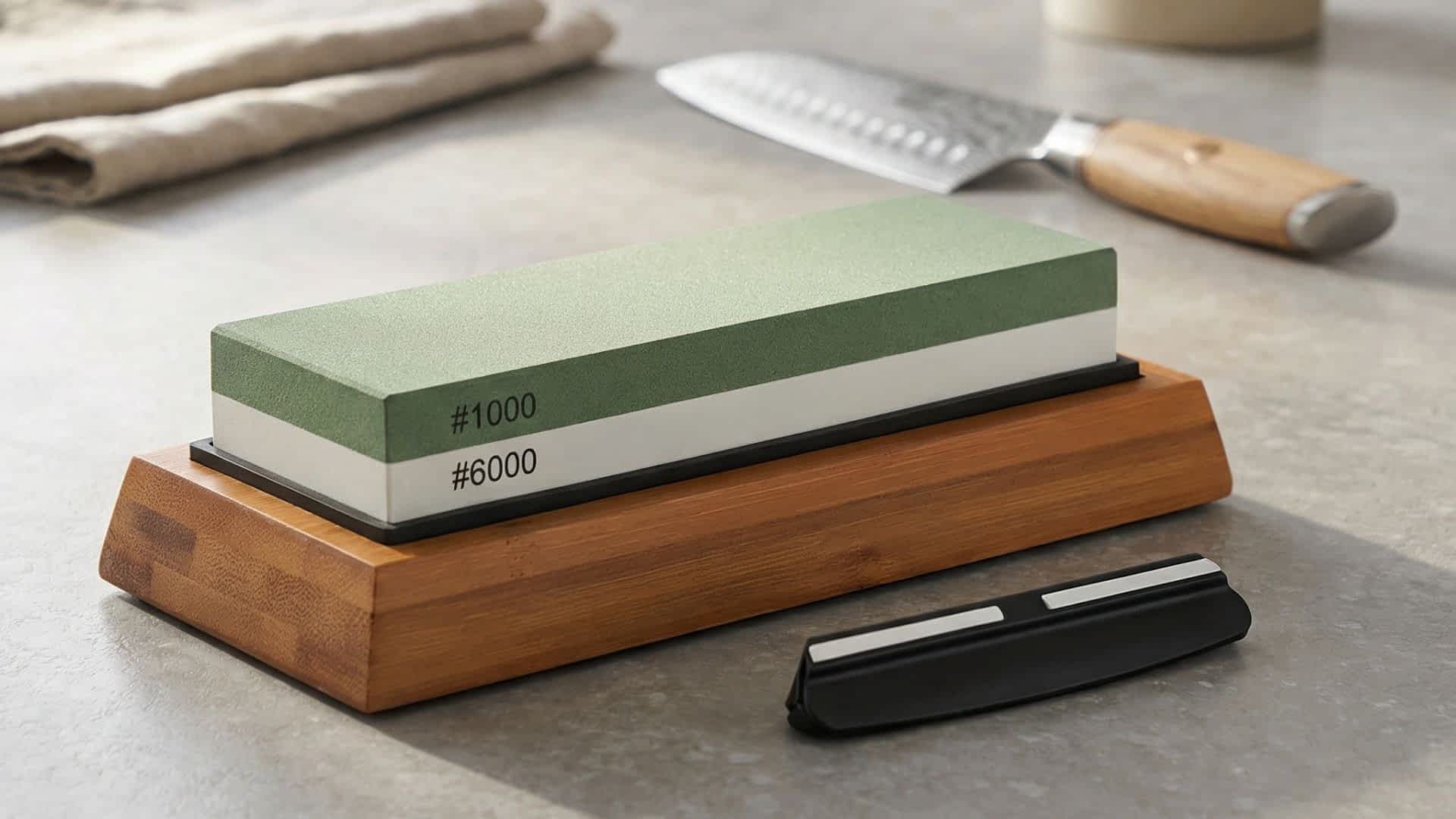 Das Kyotsu Schleifstein-Set inkl. Bambushalterung und Winkelführung wird in einer freundliche, modernen Küche präsentiert.